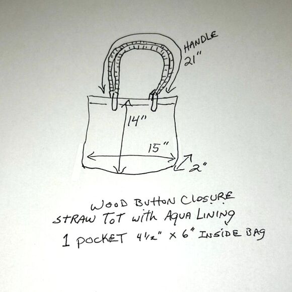 Jute Tote Aqua Polyester Fabric Lining With Interior Pocket Wood Button Closure - Picture 8 of 8